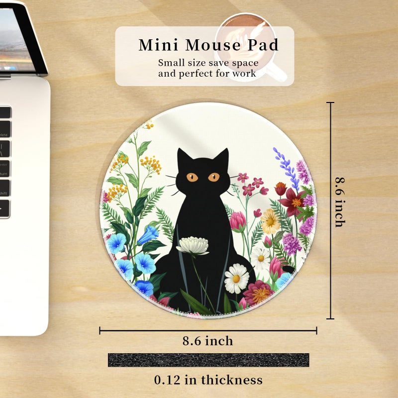 Hancynir Black Cat Floral Mouse Pad for Desk, Small Cute Mousepad with Non-Slip Base, Round Mouse Pads for Wireless Mouse Laptop Gaming, Computer Mouse Mat for Office Decor Desk Accessories Supplies - Image 3